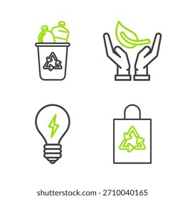 Set line Plastic bag with recycle, Light bulb lightning symbol, Sprout hand of environmental protection and Recycle bin icon. Vector