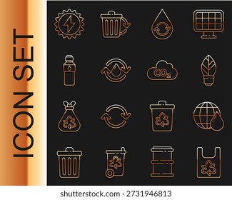 Set line Bolsa de plástico con reciclaje, planeta Tierra en gota de agua, hoja de bombilla, reciclar agua limpia, botella de, panel de energía solar e icono de nube de emisiones de CO2. Vector
