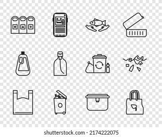 Set line Plastic bag, Shopping with recycle, Fish care, Trash can, garbage cans sorted, Bottle of liquid soap, Lunch box and Problem pollution planet icon. Vector