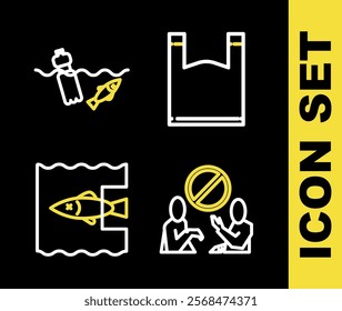 Set line Plastic bag, Stop plastic pollution, ocean and Problem of the icon. Vector