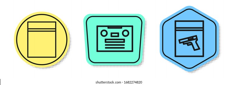 Set line Plastic bag with ziplock, Retro audio cassette tape and Evidence bag and pistol or gun. Colored shapes. Vector