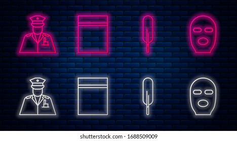 Set line Plastic bag with ziplock, Feather pen, Police officer and Thief mask. Glowing neon icon on brick wall. Vector