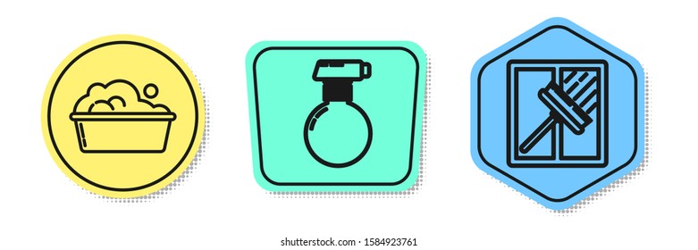 Set line Plastic basin with soap suds , Cleaning spray bottle with detergent liquid  and Squeegee, scraper, wiper. Colored shapes. Vector