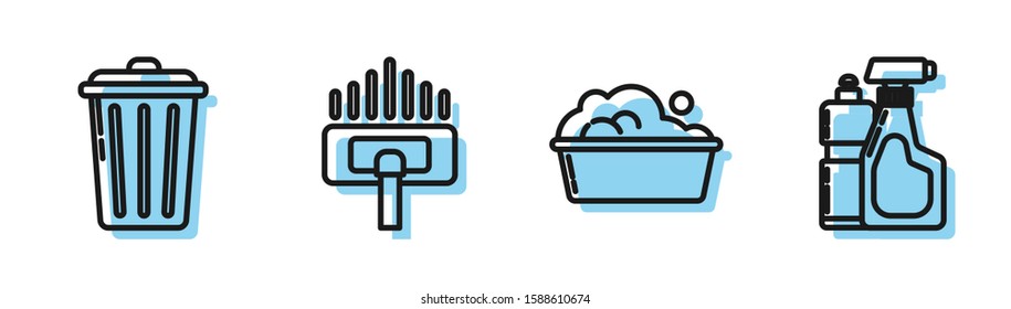Set line Plastic basin with soap suds , Trash can , Vacuum cleaner and Plastic bottles for liquid dishwashing liquid icon. Vector