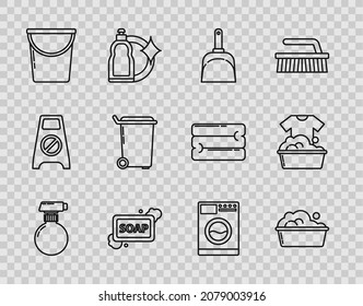 Set line , Plastic basin with soap suds, Dustpan, Bar of foam, Bucket, Trash can, Washer and  icon. Vector