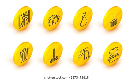 Set line Plastic basin with soap suds, Water tap, Mop, Trash can, Handle broom, Garbage bag, Washing dishes and Squeegee, scraper, wiper icon. Vector