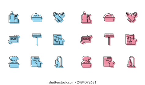 Set line Plastic basin with soap suds, Washer and t-shirt, bottles for liquid dishwashing liquid, Vacuum cleaner, Squeegee, scraper, wiper, Bar of foam and  icon. Vector