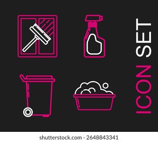 Set line Plastic basin with soap suds, Trash can, Cleaning spray bottle detergent liquid and Squeegee, scraper, wiper icon. Vector