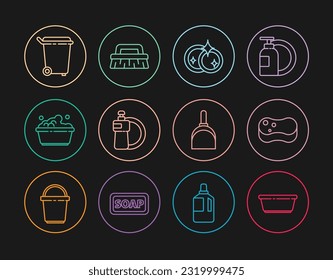 Set line Plastic basin, Sponge, Washing dishes, Dishwashing liquid bottle and plate, with soap suds, Trash can, Dustpan and Brush for cleaning icon. Vector
