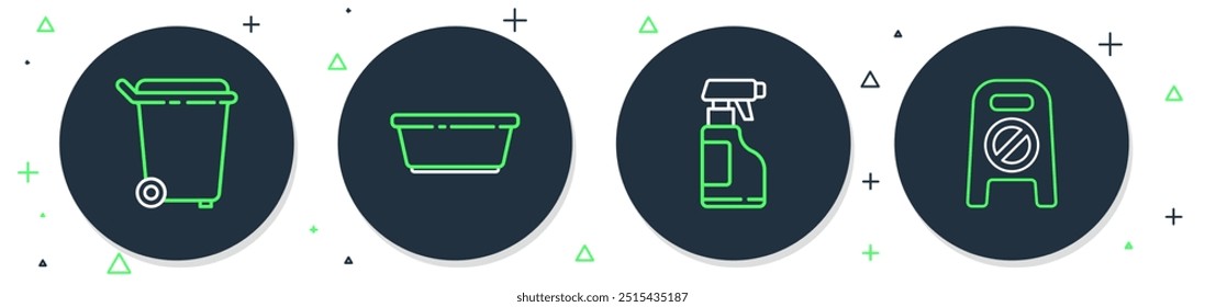 Set line Plastic basin, Spray bottle with detergent liquid, Trash can and Wet floor and cleaning progress icon. Vector