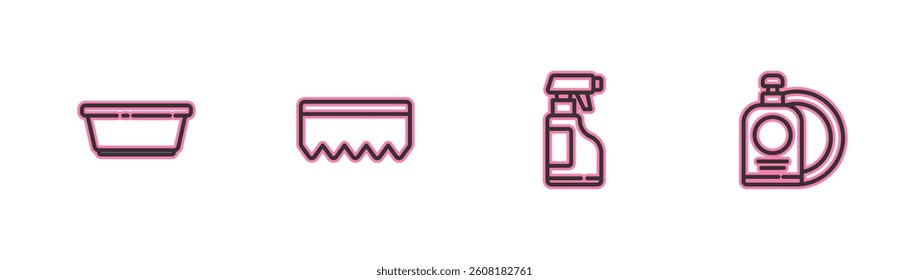 Set line Plastic basin, Spray bottle with detergent liquid, Sponge bubbles and Dishwashing and plate icon. Vector