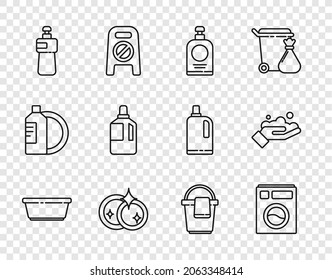 Línea de ajuste Cubierta de plástico, Lavadora, Botella de saneamiento manual, Lavadoras, Liquidez para lavado de lavado, Suavizador de tela, Cubo con icono de jabón de manos y trapo. Vector