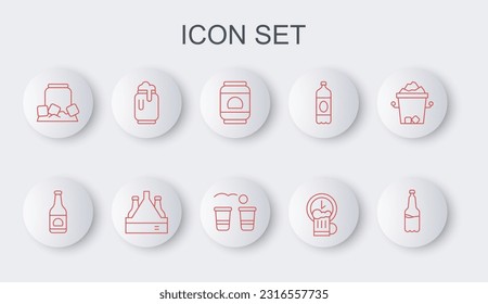 Set line Plastic beer bottle, Beer, can, Happy hour, Cold, with foam, Pack of bottles and pong game icon. Vector