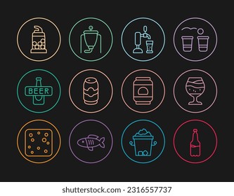 Set line Plastic beer bottle, Glass of, Beer tap with glass, can, Bottle opener,  and brewing process icon. Vector