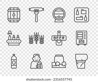 Set line Plastic beer bottle, Beer belly, Wooden barrel on rack, Happy man with, Wheat, Cold can and Vending machine icon. Vector