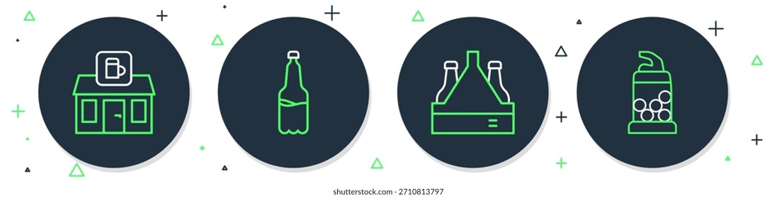 Set-Linie Plastikbierflasche, Flaschenpackung, Shop Baugeschäft und Flaschenöffner-Symbol. Vektorgrafik