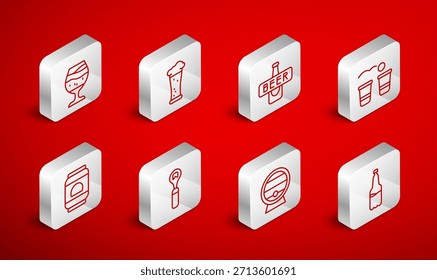 Set line botella de cerveza de plástico, vidrio de cerveza, cerveza, juego de pong, estante de barril de madera, abridor de botellas e icono de lata. Vector