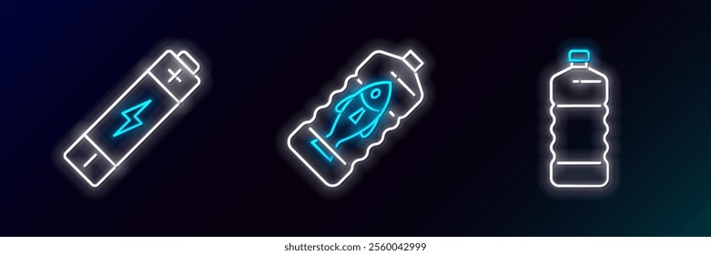 Set line Plastic bottle, Battery and Stop ocean plastic pollution icon. Glowing neon. Vector