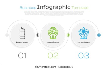 Set line Plastic bottle, Human hands holding Earth globe and Plant in hand of environmental protection. Business infographic template. Vector