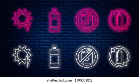 Set line Plastic bottle, No canister for gasoline, Solar energy panel and Recycling plastic bottle. Glowing neon icon on brick wall. Vector