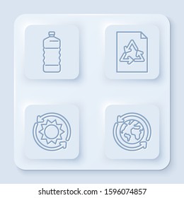 Set line Plastic bottle, Paper with recycle, Solar energy panel and Planet earth and a recycling. White square button. Vector