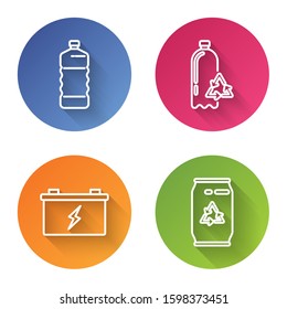 Set line Plastic bottle, Recycling plastic bottle, Car battery and Can with recycle symbol and can. Color circle button. Vector
