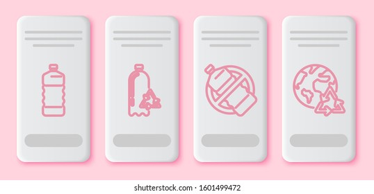 Set line Plastic bottle, Recycling plastic bottle, No plastic bottle and Planet earth and a recycling. White rectangle button. Vector