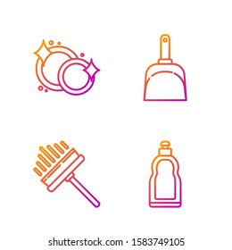 Set line Plastic bottles for liquid dishwashing liquid, Squeegee, scraper, wiper, Washing dishes  and Dustpan . Gradient color icons. Vector