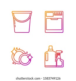Set line Plastic bottles for liquid dishwashing liquid, Washing dishes , Bucket  and Washer . Gradient color icons. Vector