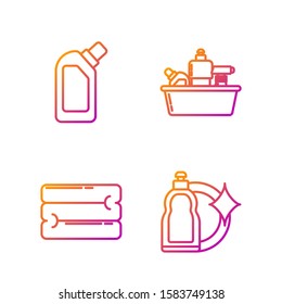 Set line Plastic bottles for liquid dishwashing liquid, Towel stack , Plastic bottles for liquid dishwashing liquid. Gradient color icons. Vector