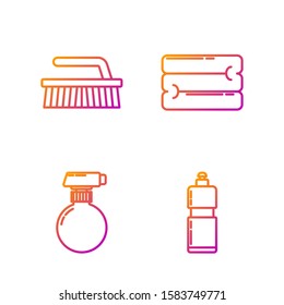 Set line Plastic bottles for liquid dishwashing liquid, Cleaning spray bottle with detergent liquid , Brush for cleaning  and Towel stack . Gradient color icons. Vector