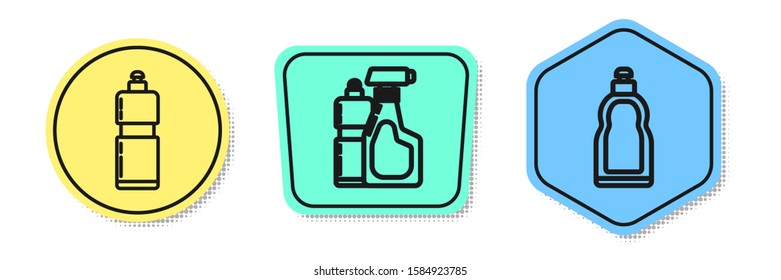 Set line Plastic bottles for liquid dishwashing liquid and Plastic bottles for liquid dishwashing liquid. Colored shapes. Vector