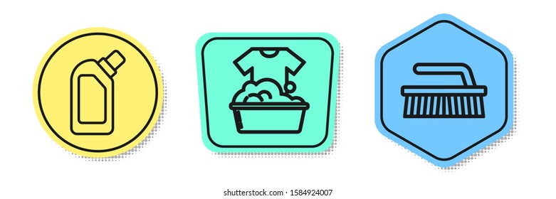 Set line Plastic bottles for liquid dishwashing liquid, Plastic basin with soap suds  and Brush for cleaning . Colored shapes. Vector