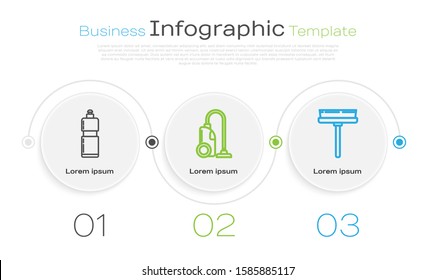 Set line Plastic bottles for liquid dishwashing liquid, Vacuum cleaner  and Squeegee, scraper, wiper. Business infographic template. Vector