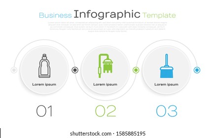 Set line Plastic bottles for liquid dishwashing liquid, Shower head with water drops flowing  and Handle broom . Business infographic template. Vector