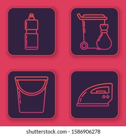 Set line Plastic bottles for liquid dishwashing liquid, Bucket , Trash can  and Electric iron . Blue square button. Vector