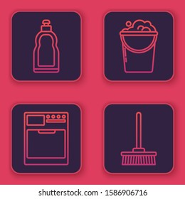 Set line Plastic bottles for liquid dishwashing liquid, Washer , Bucket with foam and bubbles  and Mop . Blue square button. Vector
