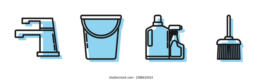 Set line Plastic bottles for liquid dishwashing liquid, Water tap , Bucket  and Handle broom  icon. Vector