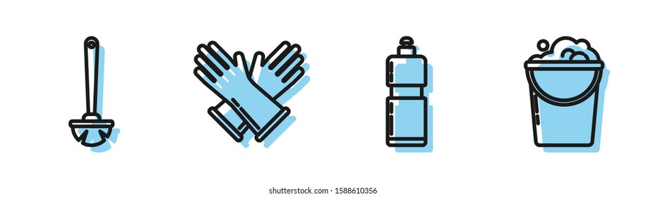 Set line Plastic bottles for liquid dishwashing liquid, Toilet brush , Rubber gloves  and Bucket with foam and bubbles  icon. Vector