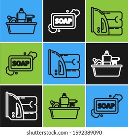 Set line Plastic bottles for liquid dishwashing liquid, Electric iron and towel  and Bar of soap with foam  icon. Vector