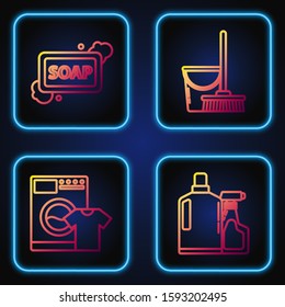 Set line Plastic bottles for liquid dishwashing liquid, Washer and t-shirt , Bar of soap with foam  and Mop and bucket . Gradient color icons. Vector