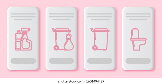Set line Plastic bottles for liquid dishwashing liquid, Trash can , Trash can  and Toilet bowl . White rectangle button. Vector