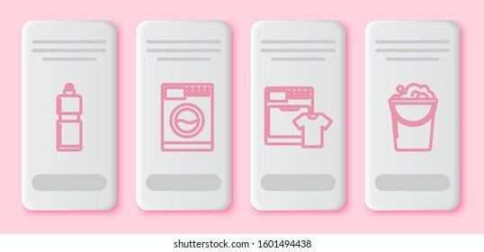 Set line Plastic bottles for liquid dishwashing liquid, Washer , Washer and t-shirt  and Bucket with foam and bubbles . White rectangle button. Vector