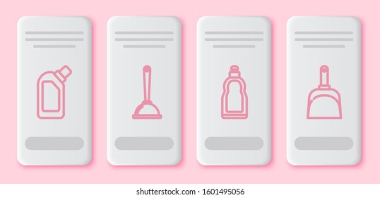 Set line Plastic bottles for liquid dishwashing liquid, Toilet plunger, Plastic bottles for liquid dishwashing liquid and Dustpan . White rectangle button. Vector