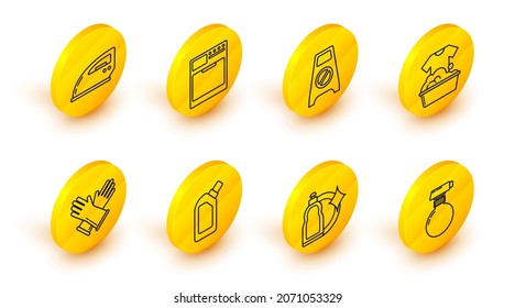 Fijar línea, Botellas de plástico para lavado líquido lavado de lavado, Guantes de goma, cuenca con suds de jabón, suelo húmedo y progreso de limpieza, Arandela e icono de hierro eléctrico. Vector