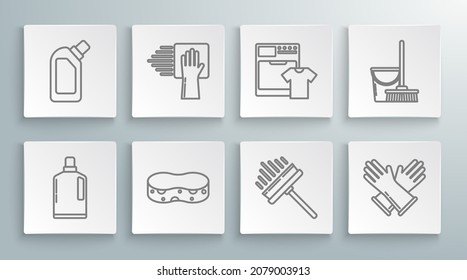 Fijar línea Botellas de plástico para líquido lavavajillas líquido, Servicio de limpieza, Esponja, Cuchillo, pañal, limpiaparabrisas, Guantes de goma, Lavadora y camiseta, Cubo de Mop e icono. Vector