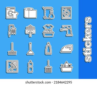 Set line Plastic bottles for liquid dishwashing liquid, Electric iron, Water tap, Trash can, Vacuum cleaner, Shower head with water drops flowing, Washer and t-shirt and basin soap suds icon. Vector