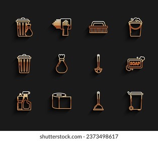 Set line Plastic bottles for liquid dishwashing liquid, Toilet paper roll, Trash can and garbage bag, plunger, Garbage, Bar of soap with foam and brush icon. Vector