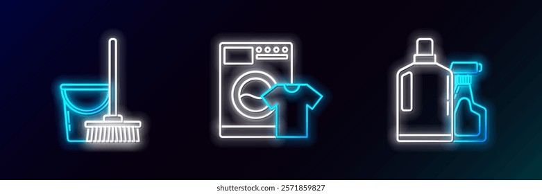 Set line Plastic bottles for liquid dishwashing liquid, Mop and bucket and Washer t-shirt icon. Glowing neon. Vector