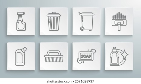 Set line Plastic bottles for liquid dishwashing liquid, Trash can, Brush cleaning, Bar of soap with foam, Vacuum cleaner and Cleaning spray detergent icon. Vector
